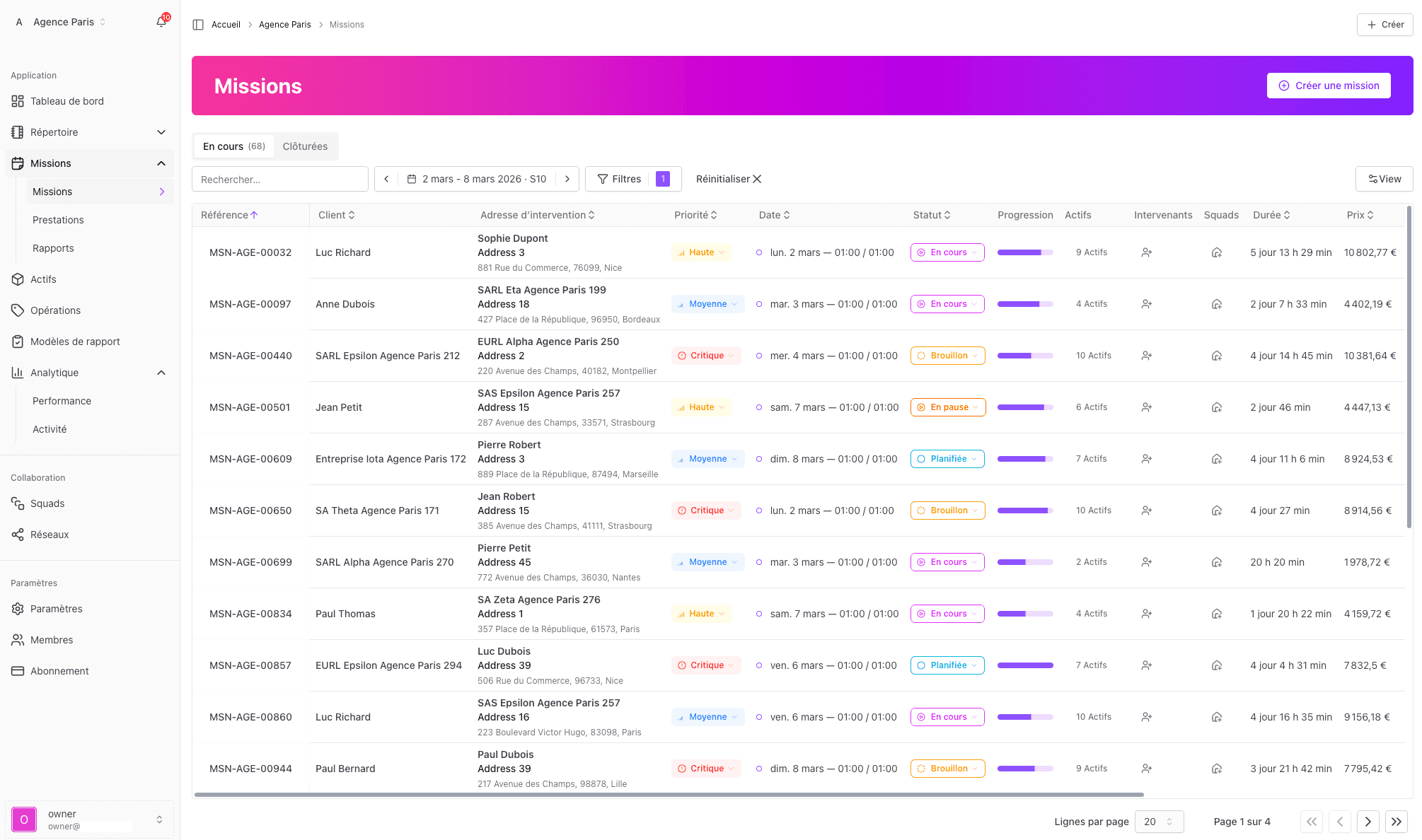 Dashboard de gestion des missions terrain Squoad — planning, statuts et suivi des intervenants en temps réel