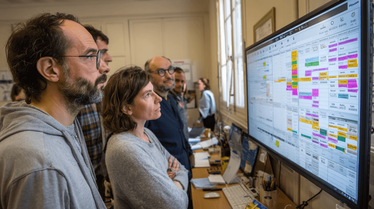 Équipes terrain consultant un planning structuré sur écran — coordination des techniciens et organisation des interventions Squoad