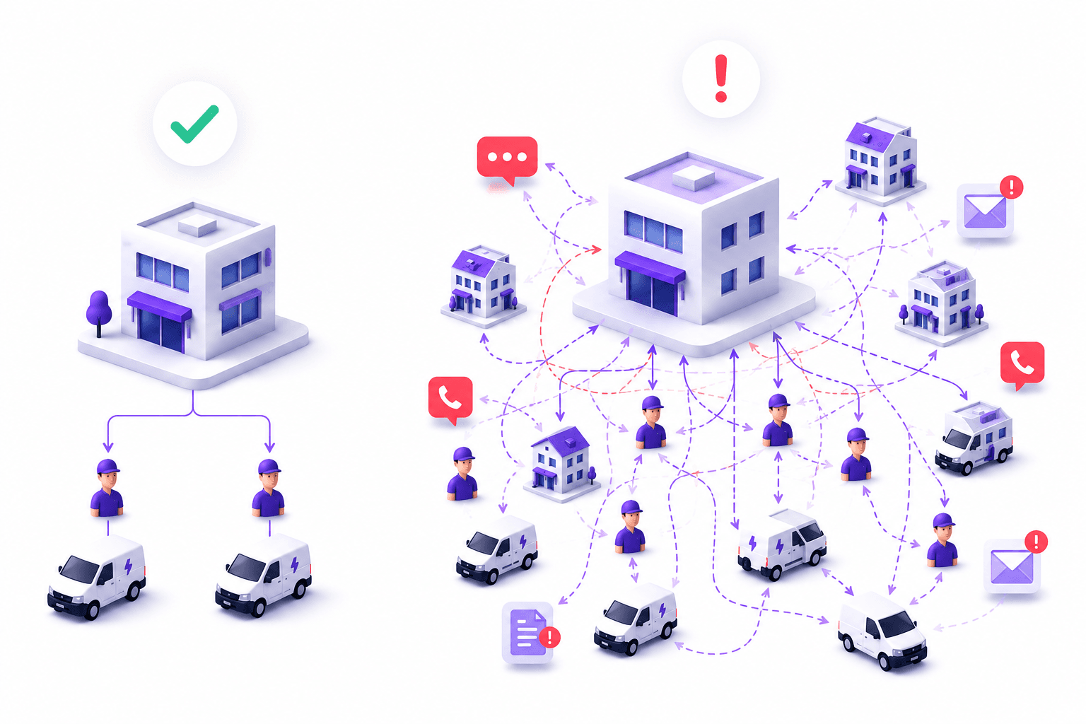 Comparaison avant/après gestion multi-sites Squoad — passage d'une organisation simple à un réseau d'agences coordonné avec équipes terrain et pilotage centralisé