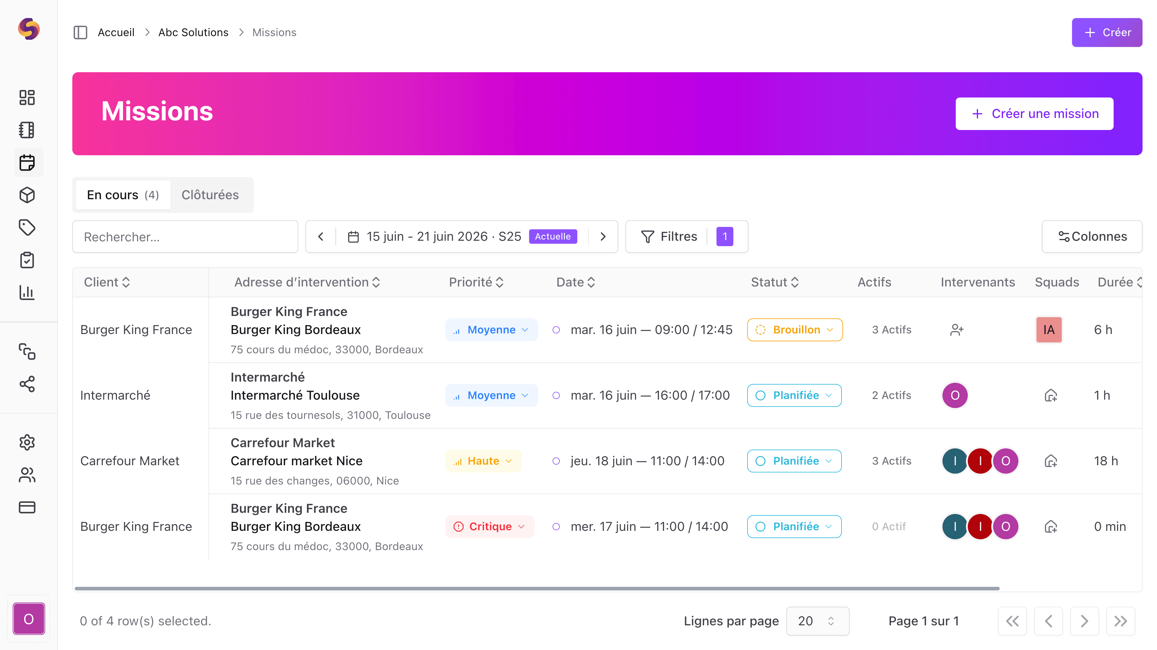 Dashboard de gestion des missions terrain Squoad — planning, statuts et suivi des intervenants en temps réel