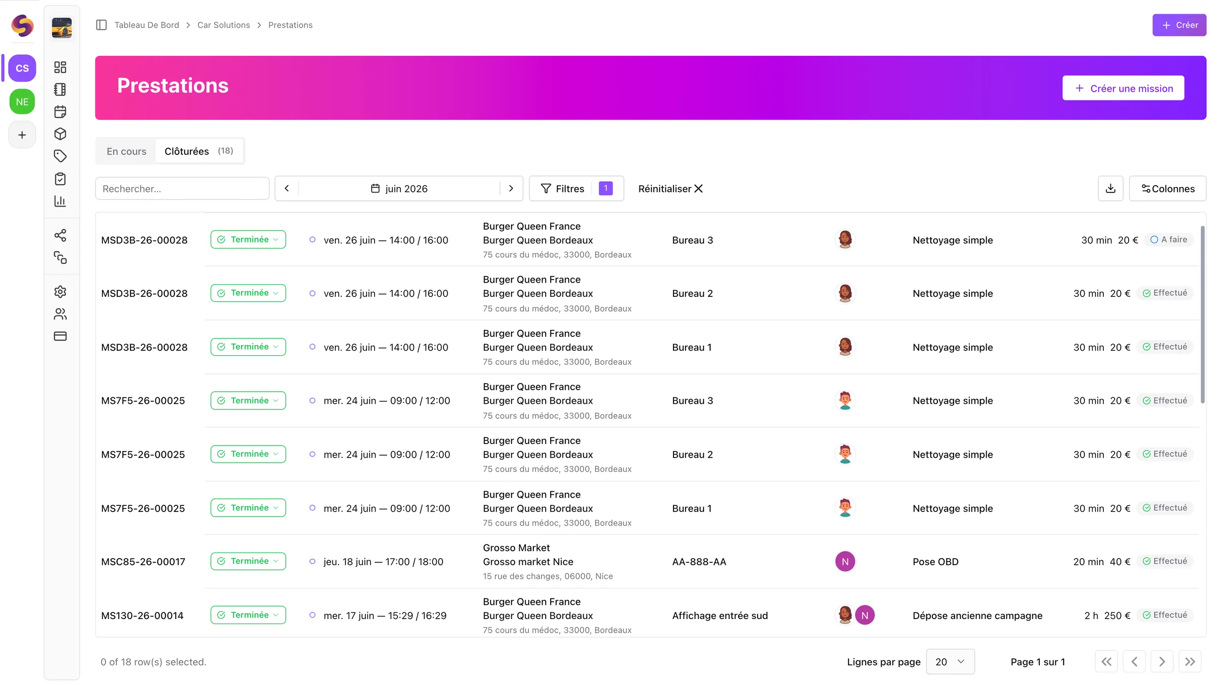Logiciel de gestion des interventions terrain Squoad — tableau des prestations clôturées avec clients, sites, intervenants et suivi des missions