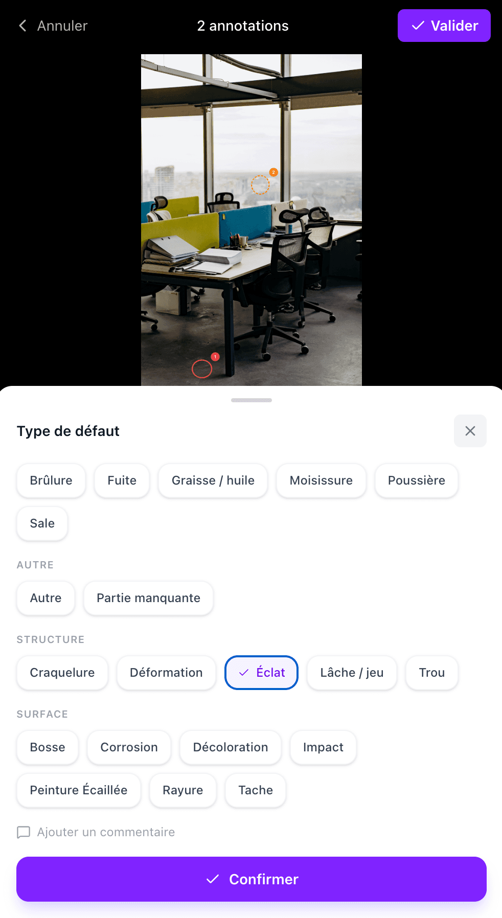Application mobile Squoad — sélection du type de défaut sur une photo