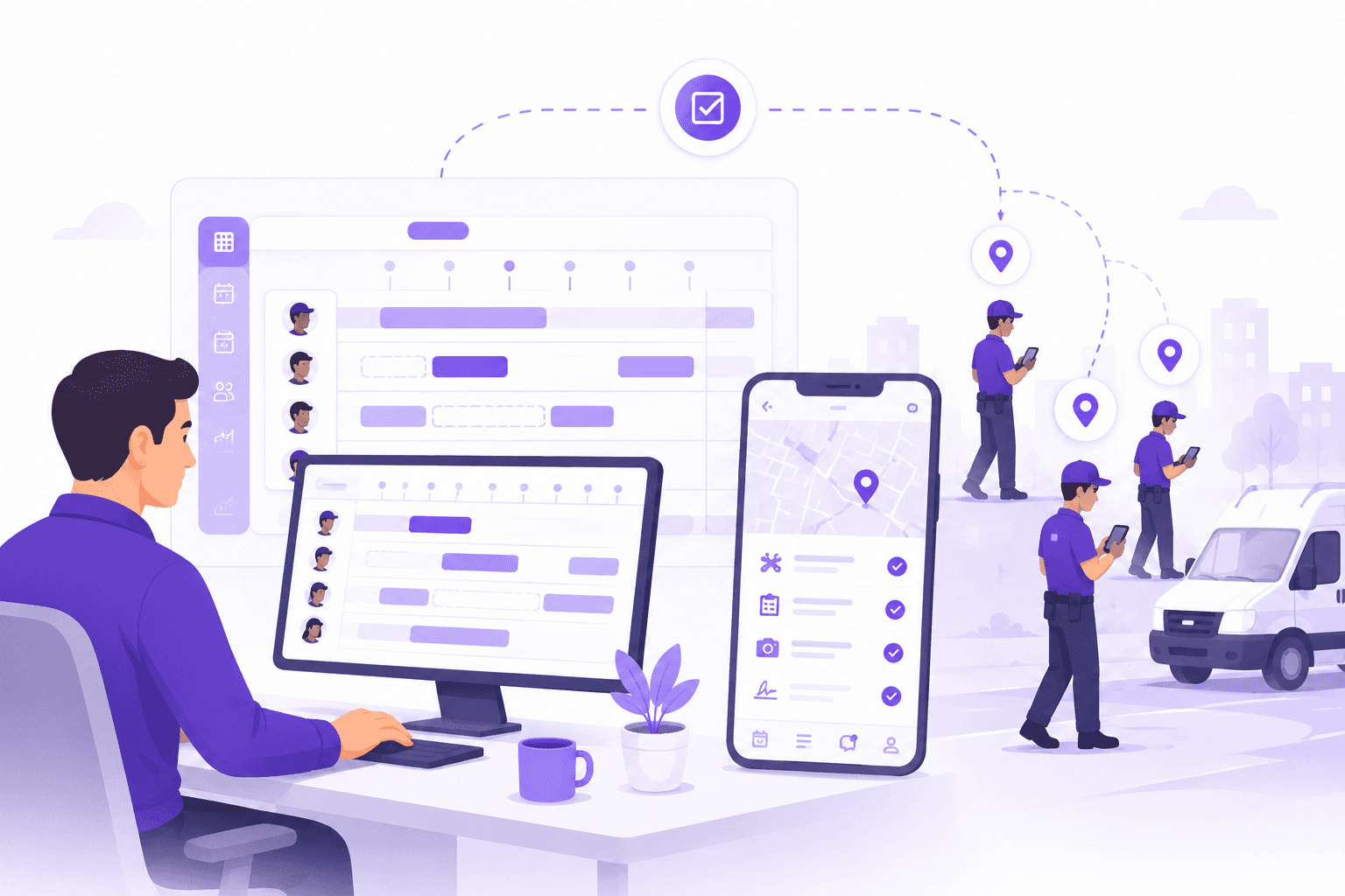 Coordination bureau et équipes terrain Squoad — planning, application mobile et intervenants sur site