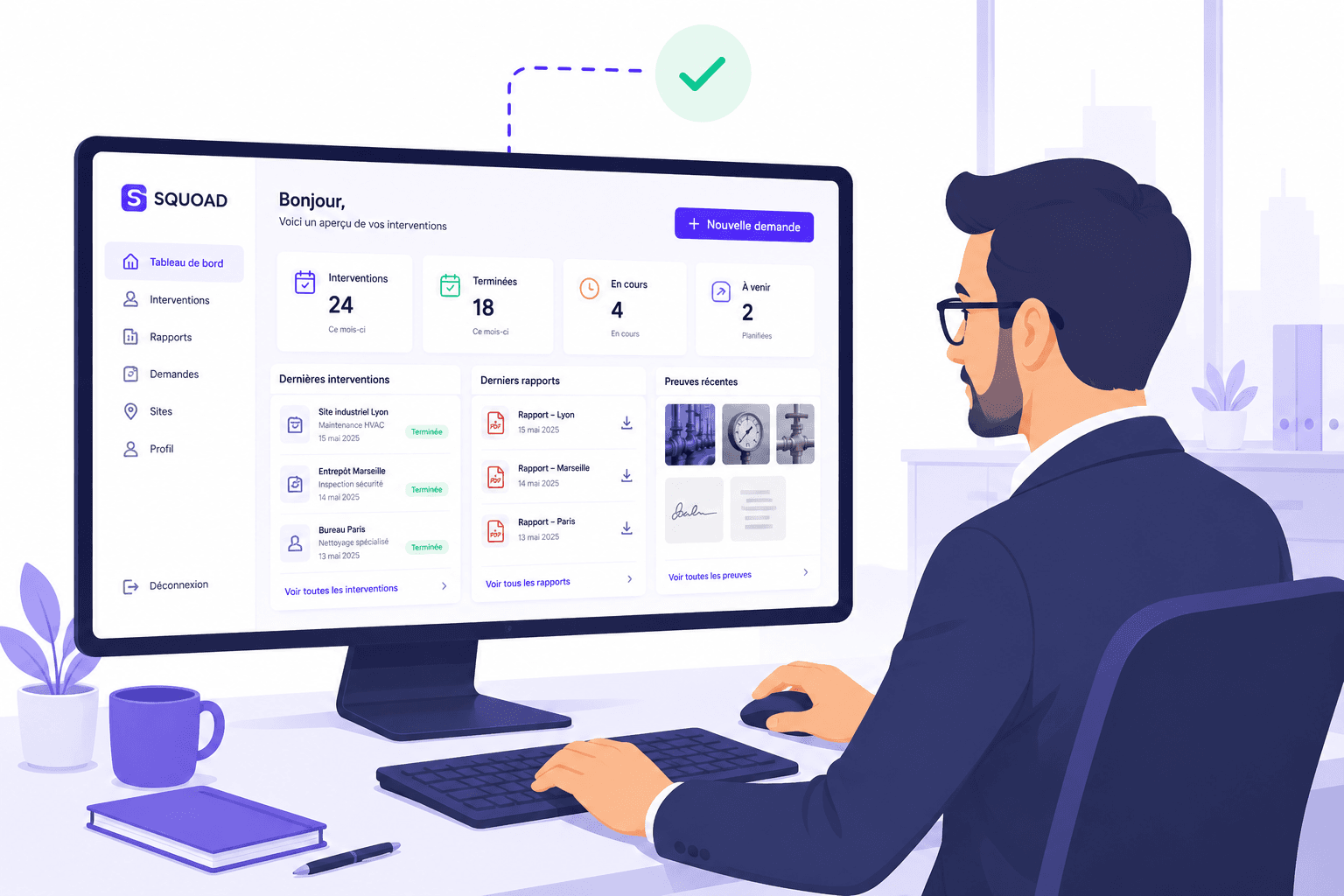 Portail client Squoad : missions réalisées, rapports de contrôle, photos et signatures par site
