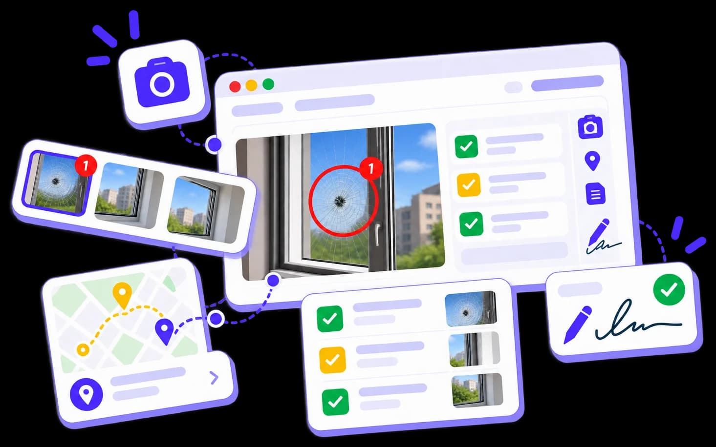 Contrôle qualité terrain : vitre fissurée photographiée et annotée, points de contrôle validés, position GPS et signature du client