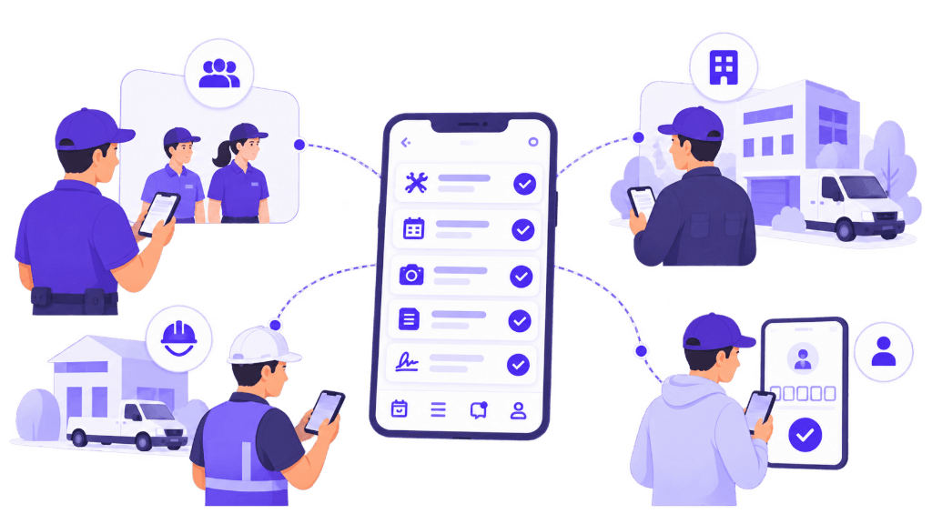 Illustration Squoad — équipes, agences, sous-traitants et renforts sur la même application mobile