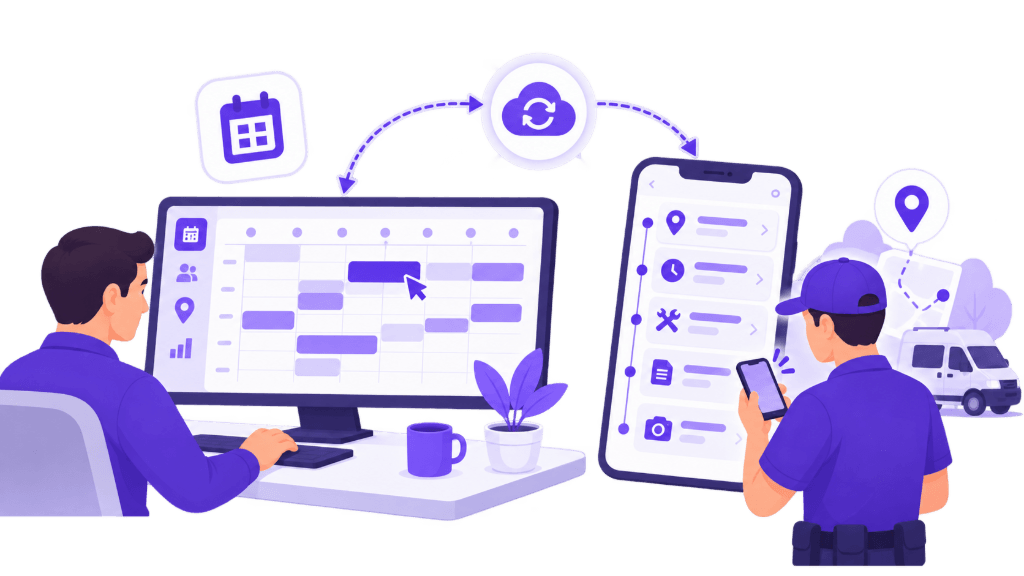 Illustration Squoad — missions du jour synchronisées entre le planning bureau et l’application terrain