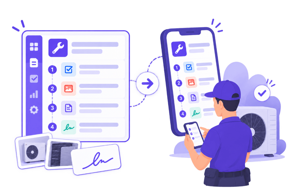Illustration Squoad — protocole de prestation synchronisé du bureau vers l’application mobile terrain