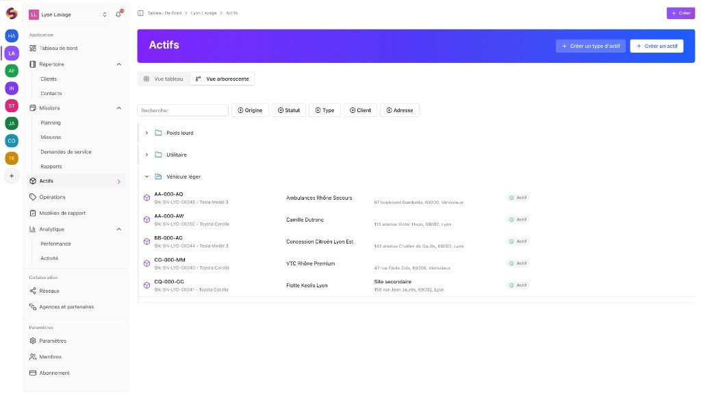 Squoad — vue arborescente des actifs par type, client, adresse et statut