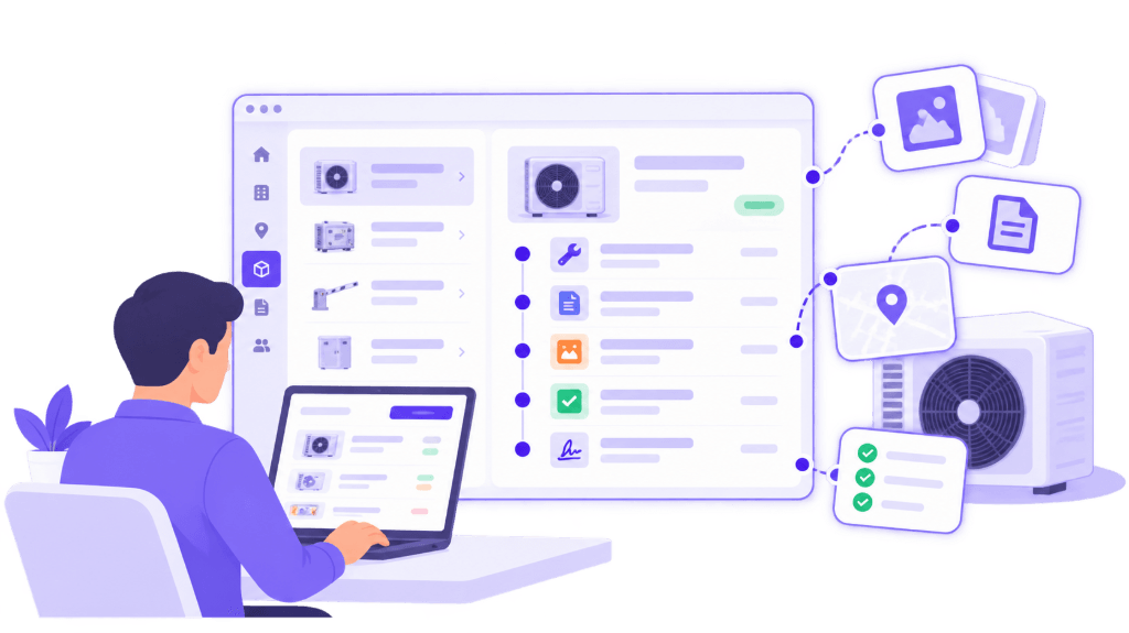 Illustration Squoad — dossier actif centralisé avec timeline, documents, photos et signatures