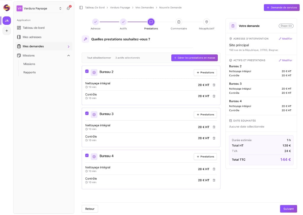 Squoad — portail client : sélection d’actifs et prestations lors d’une nouvelle demande