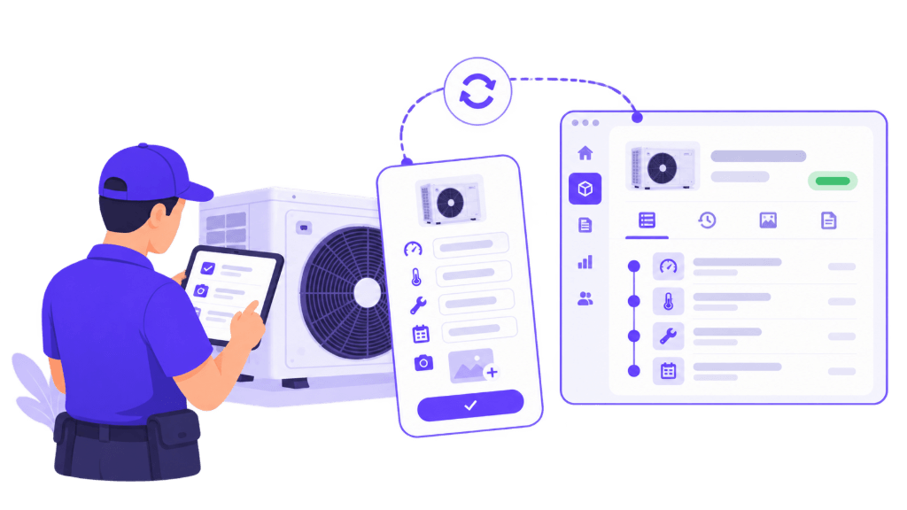 Illustration Squoad — mise à jour des données actif depuis le terrain, synchronisées avec le bureau
