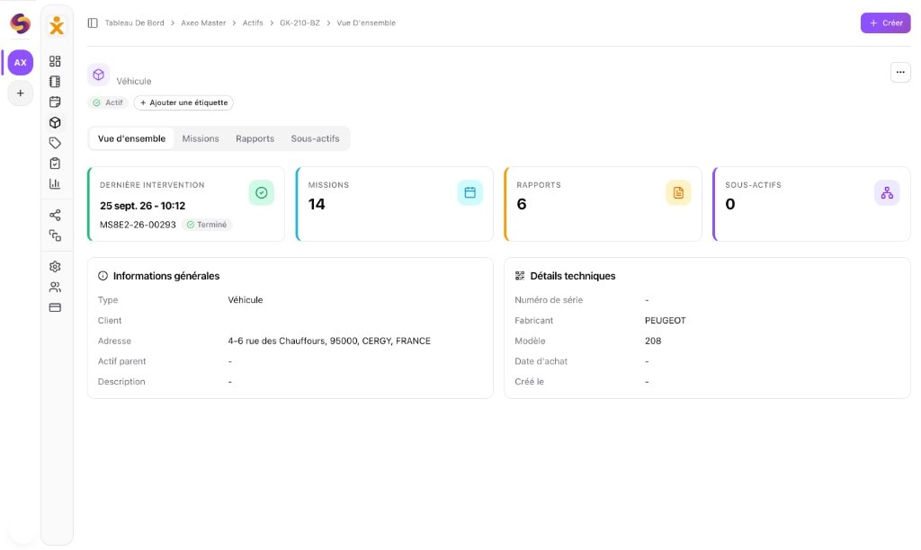 Squoad — fiche équipement : vue d’ensemble avec dernière intervention, missions, rapports et détails techniques