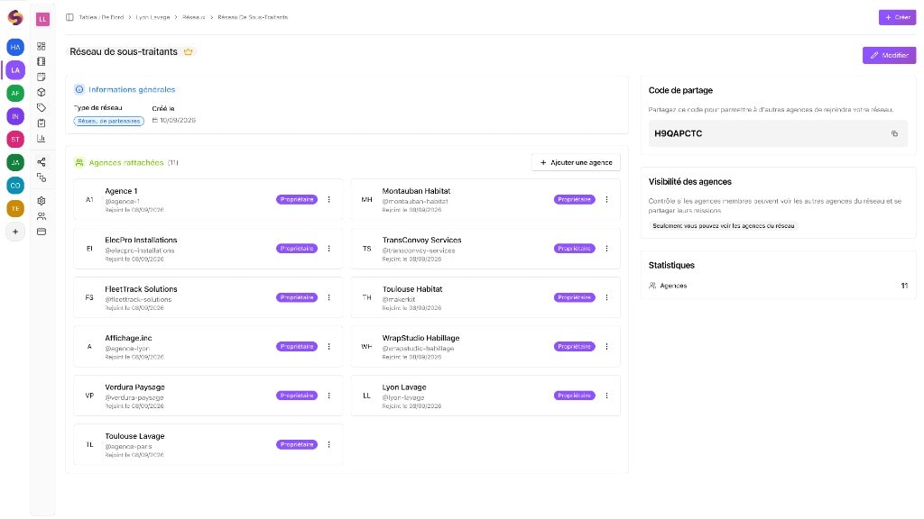 Squoad — réseau de sous-traitants avec agences rattachées et code de partage