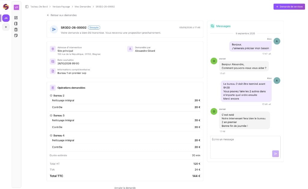 Portail client Squoad — demande de service structurée avec opérations, statut et échanges messages client-prestataire