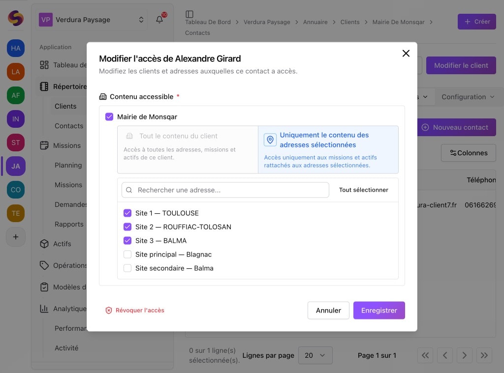Squoad — modification de l’accès portail client par contact, périmètre par adresses et révocation