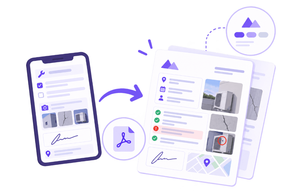 Rapport de contrôle : intervenant, heure, position GPS, photos annotées et signature du client