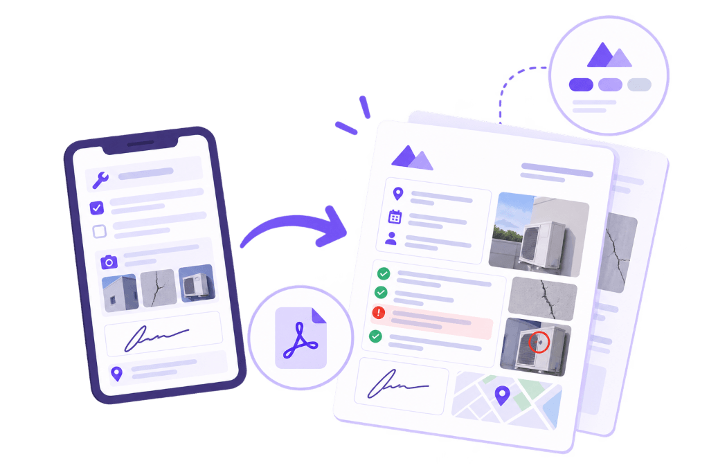 Illustration Squoad — saisie terrain sur mobile transformée en rapport PDF personnalisé avec photos, alertes, signature et géolocalisation