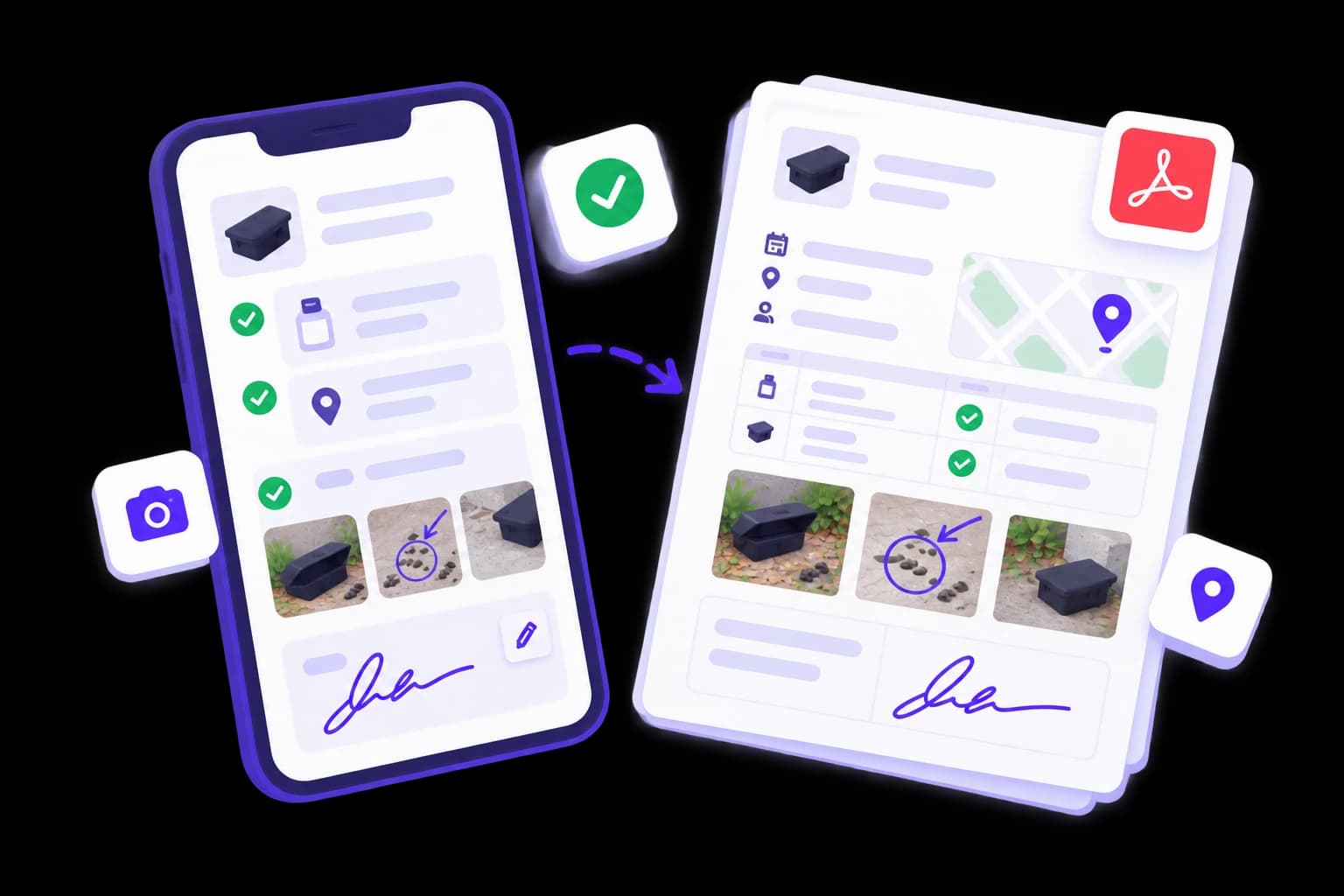 Le rapport rempli sur le téléphone devient un PDF avec les produits, les postes relevés, les photos et la signature