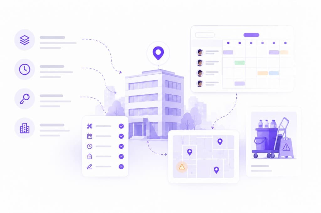 Illustration Squoad — un chantier de nettoyage avec ses zones, fréquences et consignes