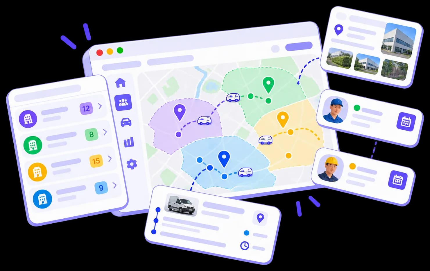 Gestion des réseaux : agences et leurs territoires sur une carte, activité par entité, intervenants et sites suivis